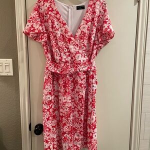 Lane Bryant Red & White Floral Midi Dress with Tie Waist